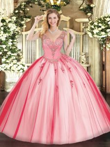 Traditional Coral Red Ball Gowns Tulle V-neck Sleeveless Beading Floor Length Lace Up Vestidos de Quinceanera