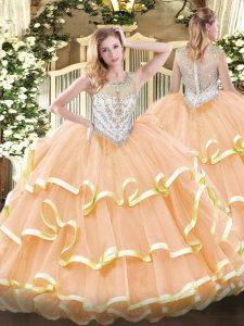 Suitable Floor Length Ball Gowns Sleeveless Peach Quinceanera Dresses Zipper