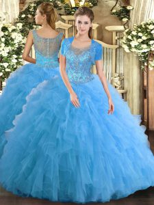 Best Selling Sleeveless Floor Length Beading and Ruffled Layers Clasp Handle Sweet 16 Quinceanera Dress with Aqua Blue