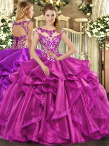 Fuchsia Lace Up Scoop Beading and Appliques and Ruffles Quinceanera Dress Organza Sleeveless