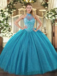 Amazing Halter Top Sleeveless Tulle 15 Quinceanera Dress Beading and Embroidery Lace Up