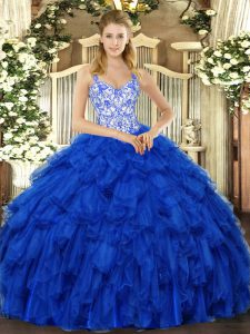 Trendy Royal Blue Ball Gowns Beading and Ruffles 15 Quinceanera Dress Lace Up Organza Sleeveless Floor Length