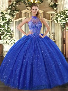 Royal Blue Halter Top Lace Up Beading and Embroidery Quince Ball Gowns Sleeveless