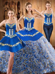 Spectacular Sleeveless Satin and Fabric With Rolling Flowers With Train Sweep Train Lace Up Vestidos de Quinceanera in Multi-color with Embroidery