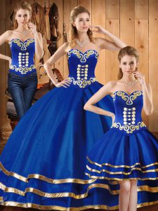 Super Blue Three Pieces Embroidery Quinceanera Gowns Lace Up Satin and Tulle Sleeveless Floor Length