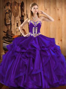 Dynamic Purple Ball Gowns Sweetheart Sleeveless Organza Floor Length Lace Up Embroidery and Ruffles 15 Quinceanera Dress