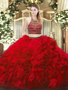Fancy Floor Length Red Quinceanera Gown Halter Top Sleeveless Zipper