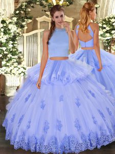 Light Blue Tulle Backless Halter Top Sleeveless Floor Length Sweet 16 Dress Beading and Appliques and Ruffles