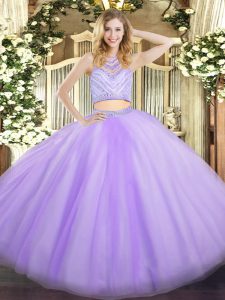 Graceful Lavender Two Pieces Tulle Scoop Sleeveless Beading Floor Length Zipper Quinceanera Gown