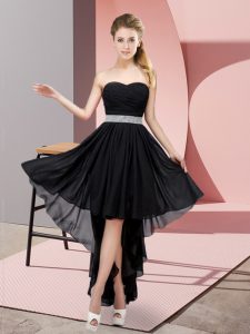 Sleeveless Chiffon High Low Lace Up Quinceanera Dama Dress in Black with Beading