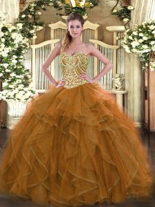 Admirable Brown Ball Gowns Sweetheart Sleeveless Tulle Floor Length Lace Up Beading Quinceanera Gowns