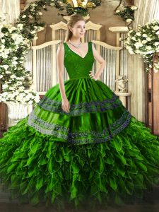 Lovely V-neck Sleeveless Vestidos de Quinceanera Floor Length Beading and Appliques and Ruffles Green Organza