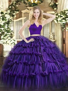Purple Sleeveless Floor Length Ruffled Layers Zipper Quinceanera Gowns
