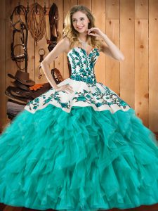 Latest Turquoise Ball Gowns Sweetheart Sleeveless Satin and Organza Floor Length Lace Up Embroidery and Ruffles Vestidos de Quinceanera
