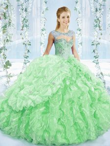 Luxurious Apple Green Ball Gowns Organza Sweetheart Sleeveless Beading and Ruching Lace Up Sweet 16 Dress Brush Train