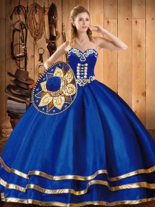 Cute Floor Length Lace Up Quince Ball Gowns Blue for Military Ball and Sweet 16 and Quinceanera with Embroidery