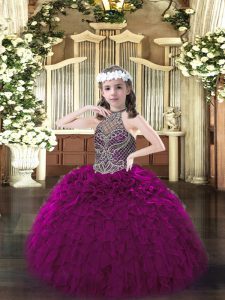 Exquisite Halter Top Sleeveless Organza Kids Formal Wear Beading and Ruffles Lace Up