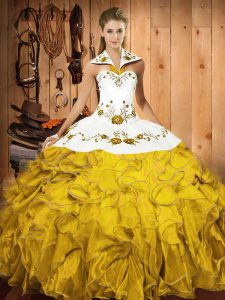 Nice Gold Ball Gowns Satin and Organza Halter Top Sleeveless Embroidery and Ruffles Floor Length Lace Up Sweet 16 Quinceanera Dress
