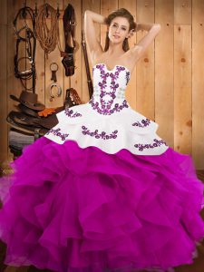 Trendy Fuchsia Sleeveless Satin and Organza Lace Up 15 Quinceanera Dress for Military Ball and Sweet 16 and Quinceanera