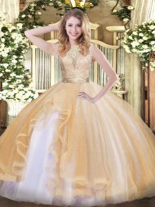Adorable Sleeveless Organza Floor Length Backless Sweet 16 Dress in Champagne with Lace and Ruffles