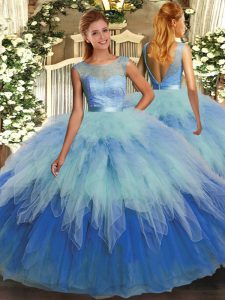 Sleeveless Tulle Floor Length Backless Quince Ball Gowns in Multi-color with Ruffles