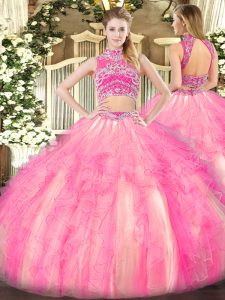 Most Popular Sleeveless Tulle Floor Length Backless Quince Ball Gowns in Watermelon Red and Rose Pink with Beading and Ruffles