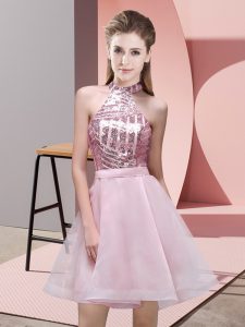 Pink A-line Chiffon Halter Top Sleeveless Sequins Mini Length Backless Damas Dress