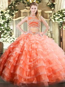 Super Orange Red Backless Sweet 16 Dress Beading and Ruffled Layers Sleeveless Floor Length