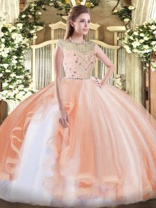 Pretty Peach Sleeveless Beading and Ruffles Floor Length Quince Ball Gowns