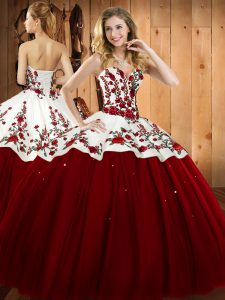 Floor Length Wine Red Sweet 16 Dress Satin and Tulle Sleeveless Embroidery