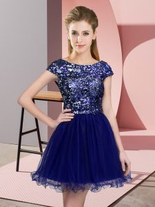 Chic Tulle Scoop Cap Sleeves Zipper Sequins Dama Dress for Quinceanera in Blue