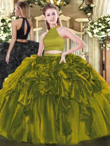 Exceptional Floor Length Olive Green Quinceanera Gowns Organza Sleeveless Beading and Ruffles
