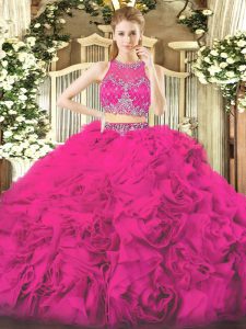 New Style Fuchsia Vestidos de Quinceanera Military Ball and Sweet 16 and Quinceanera and Beach with Beading Scoop Sleeveless Zipper