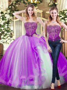 Eggplant Purple Lace Up Strapless Beading and Ruffles Vestidos de Quinceanera Tulle Sleeveless