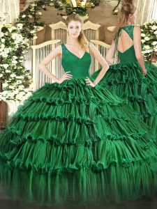 Custom Designed Sleeveless Floor Length Beading and Ruffled Layers Zipper Quinceanera Dress with Dark Green