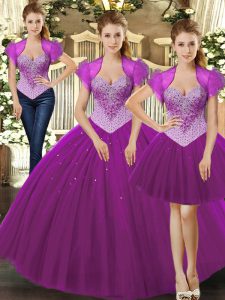 Graceful Straps Sleeveless Lace Up Quinceanera Gown Fuchsia Tulle
