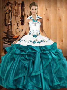 Teal Quince Ball Gowns Military Ball and Sweet 16 and Quinceanera with Embroidery and Ruffles Halter Top Sleeveless Lace Up