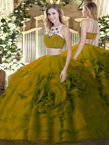 Tulle High-neck Sleeveless Backless Beading and Ruffled Layers Quinceanera Dress in Olive Green