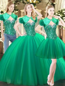 Charming Floor Length Lace Up Quinceanera Gowns Green for Military Ball and Sweet 16 and Quinceanera with Beading