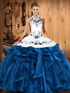 Blue Sleeveless Satin and Organza Lace Up Quince Ball Gowns for Military Ball and Sweet 16 and Quinceanera