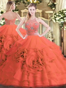 Stylish Halter Top Sleeveless Quince Ball Gowns Floor Length Beading and Ruffled Layers Red Tulle