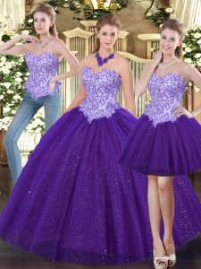 Pretty Purple Ball Gowns Tulle Sweetheart Sleeveless Beading Floor Length Lace Up 15th Birthday Dress