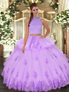 Lavender Quinceanera Gown Military Ball and Sweet 16 and Quinceanera with Beading and Appliques and Ruffles Halter Top Sleeveless Backless