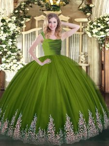Fashionable Olive Green Ball Gowns Tulle Straps Sleeveless Beading and Appliques Floor Length Zipper Quinceanera Gowns