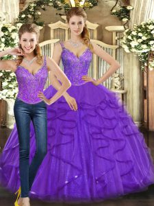 Cheap Purple Straps Neckline Beading and Ruffles Ball Gown Prom Dress Sleeveless Lace Up