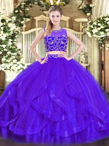 Purple Two Pieces Tulle Scoop Sleeveless Beading and Ruffles Floor Length Zipper Quinceanera Gown