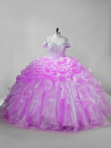 Lilac Ball Gowns Beading and Ruffles and Pick Ups 15 Quinceanera Dress Lace Up Organza Sleeveless