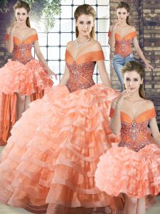 Beading and Ruffled Layers Quinceanera Dresses Peach Lace Up Sleeveless Brush Train