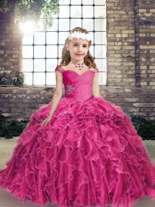 Lovely Organza Straps Sleeveless Lace Up Beading and Ruffles Pageant Gowns For Girls in Fuchsia
