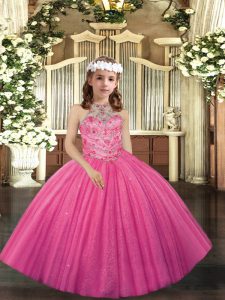 Floor Length Hot Pink Little Girl Pageant Dress Tulle Sleeveless Appliques